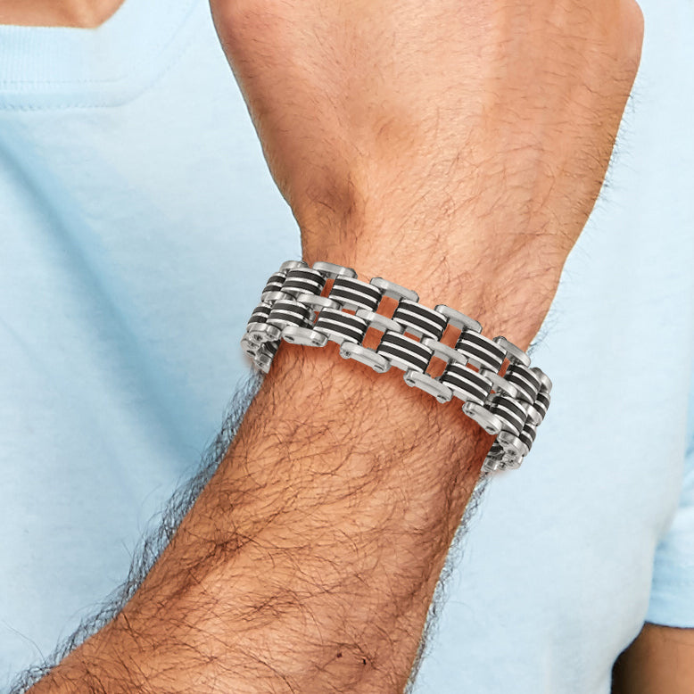 Stainless Steel Brushed and Polished with Black Rubber Inlay Link Bracelet for Men