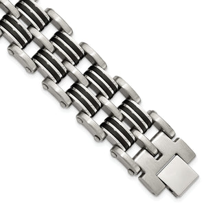 Black Rubber Inlay Link Bracelet in Stainless Steel, 21mm x 8.2" - Sophia Jewelers