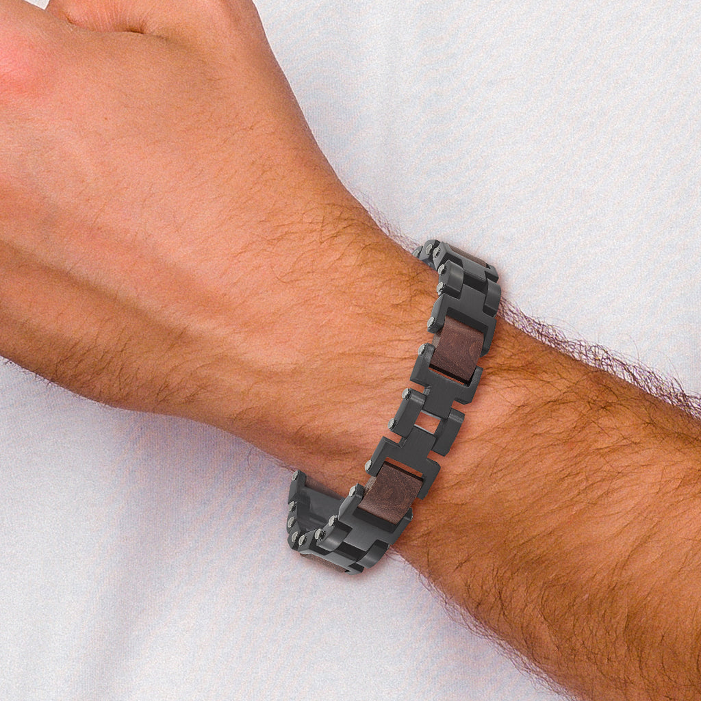 Stainless Steel Brushed Black IP-plated with Wood Inlay Link Bracelet with . Extension for Men