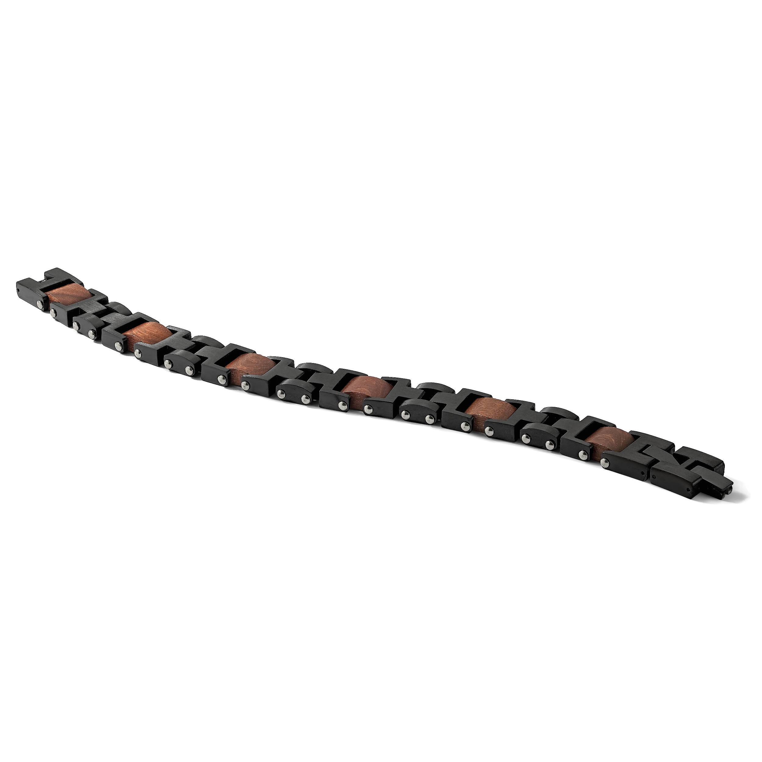 Stainless Steel Brushed Black IP-plated with Wood Inlay Link Bracelet with . Extension for Men