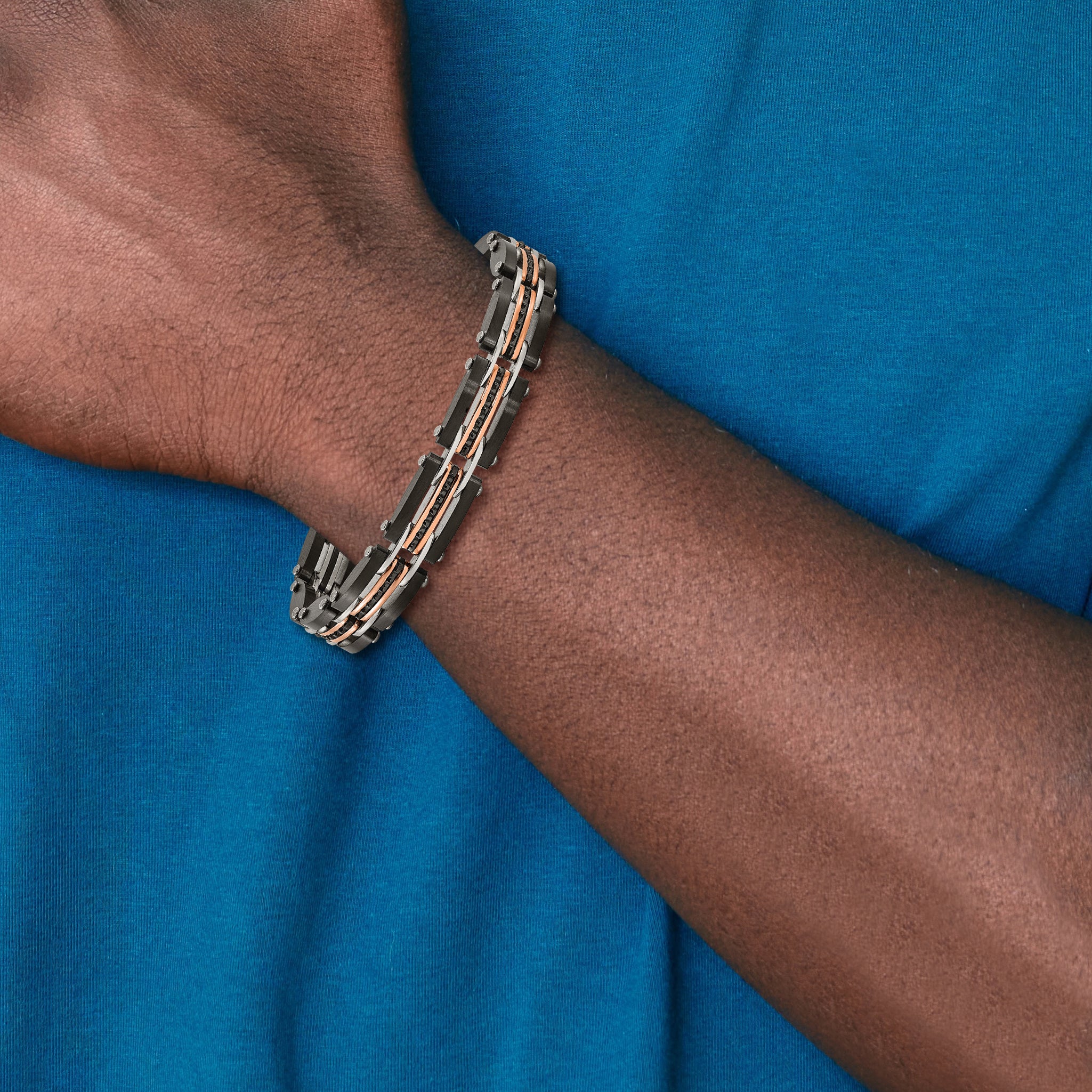 Stainless Steel Brushed and Polished Black and Rose IP-plated Reversible Bracelet with . Extension