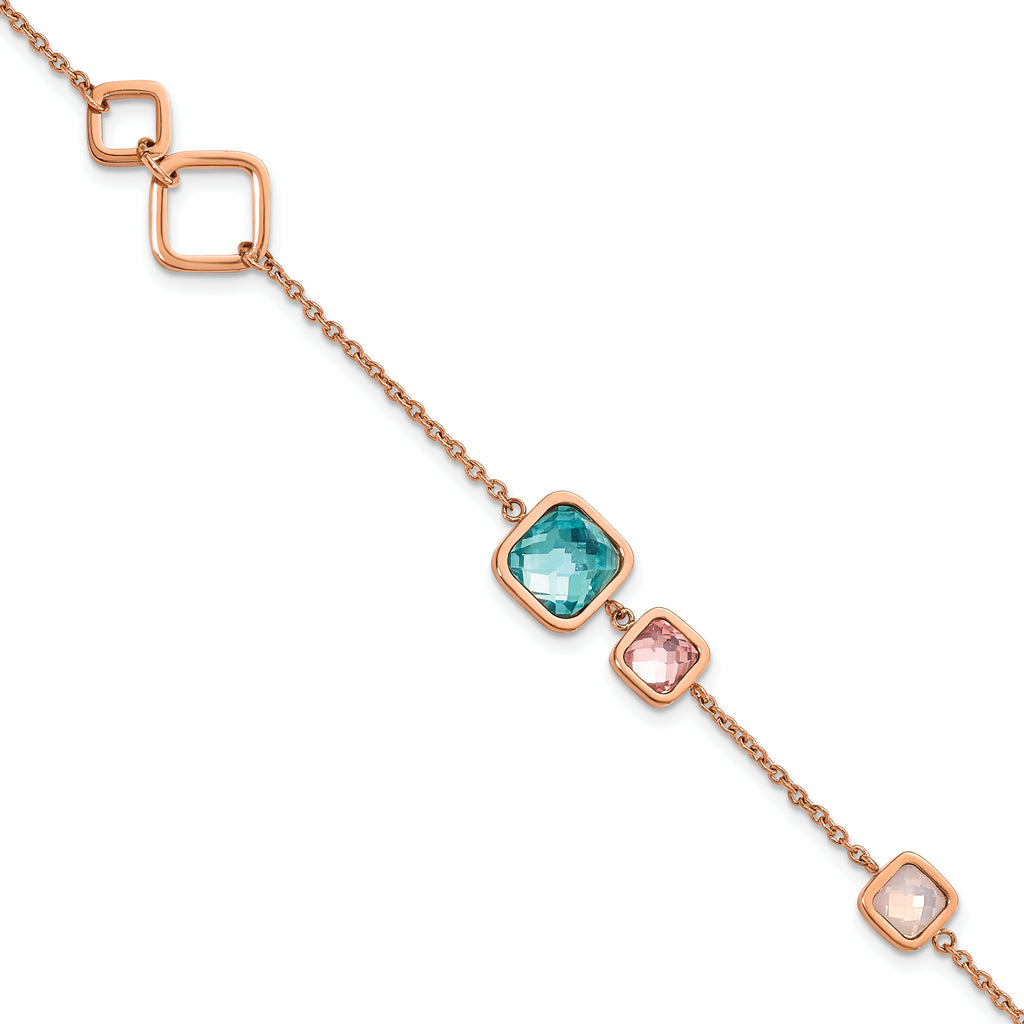 Stainless Steel Polished Rose IP-plated Multicolor Crystal Bracelet with Extension for Women