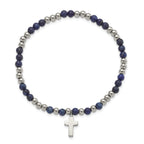 Stainless Steel Polished 4mm Lapis Beaded with Cross Dangle Beaded Stretch Bracelet