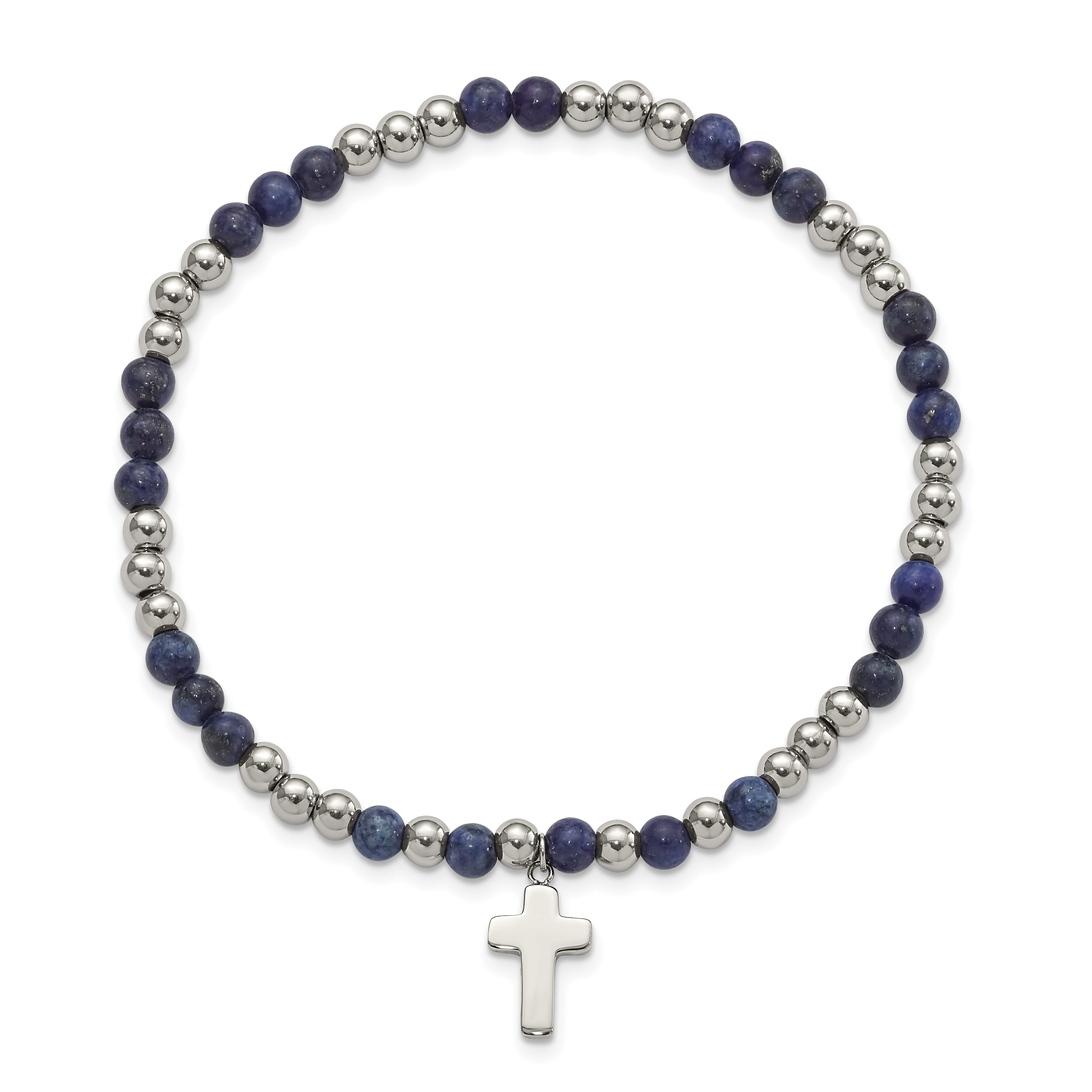 Stainless Steel Polished 4mm Lapis Beaded with Cross Dangle Beaded Stretch Bracelet