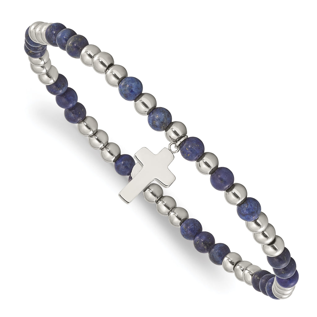 Stainless Steel Polished 4mm Lapis Beaded with Cross Dangle Beaded Stretch Bracelet
