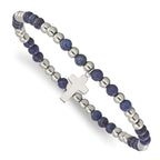 Stainless Steel Polished 4mm Lapis Beaded with Cross Dangle Beaded Stretch Bracelet