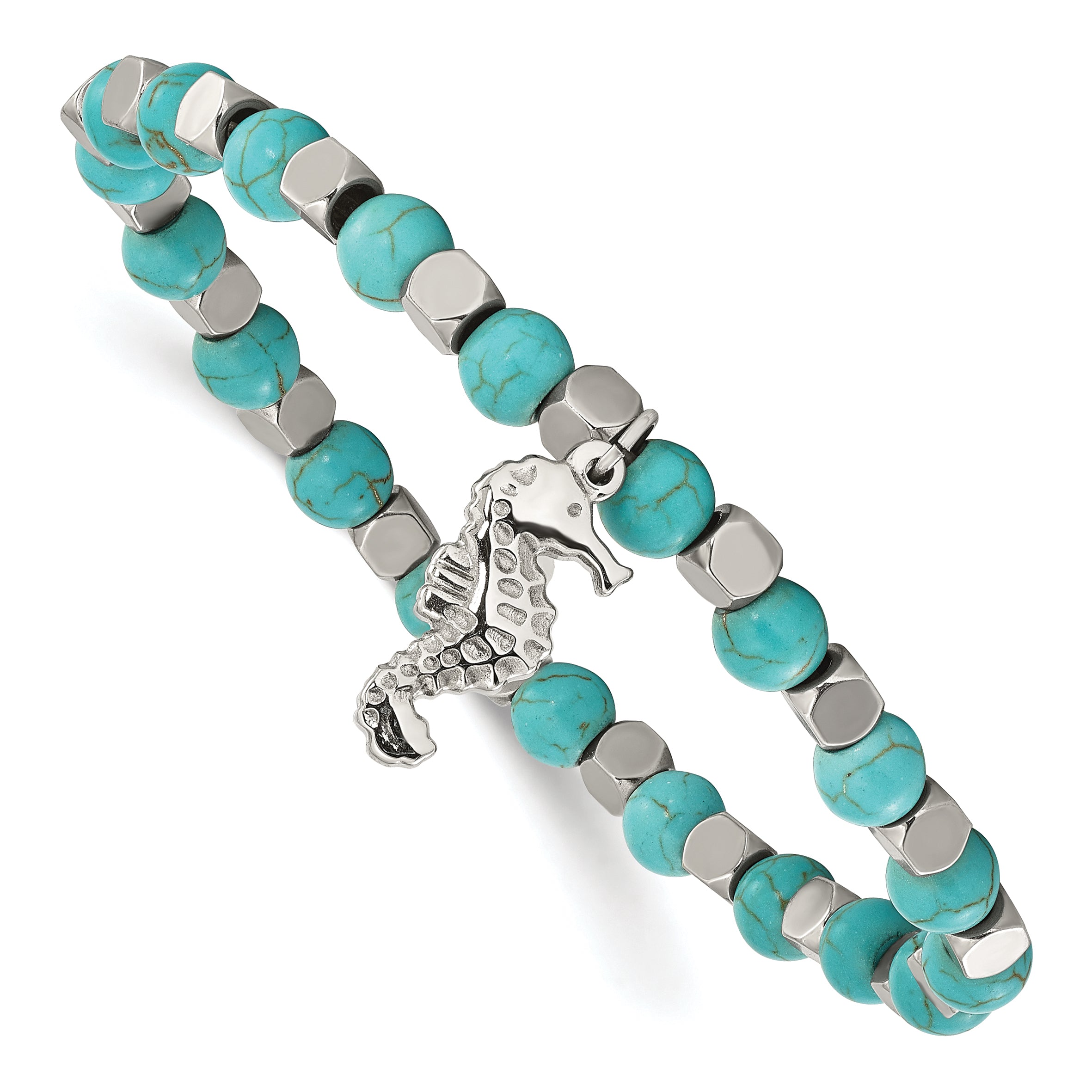 Stainless Steel Polished 6.5mm Seahorse Imitation Turquoise Beaded Stretch Bracelet for Women Main image