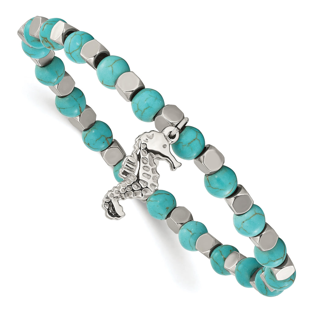 Stainless Steel Polished 6.5mm Seahorse Imitation Turquoise Beaded Stretch Bracelet for Women
