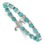 Stainless Steel Polished 6.5mm Seahorse Imitation Turquoise Beaded Stretch Bracelet for Women