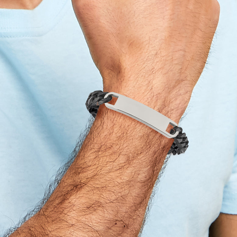 Stainless Steel Polished Black IP-plated Curb Chain ID Bracelet for Men