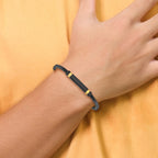 Stainless Steel Polished Black and Yellow IP-plated Black Leather ID Bracelet for Men