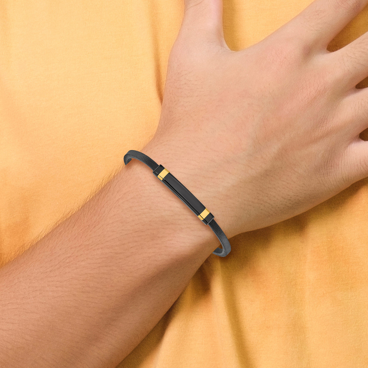 Stainless Steel Polished Black and Yellow IP-plated Black Leather ID Bracelet for Men