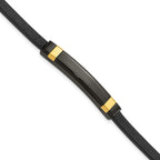 Stainless Steel Polished Black and Yellow IP-plated Black Leather ID Bracelet for Men