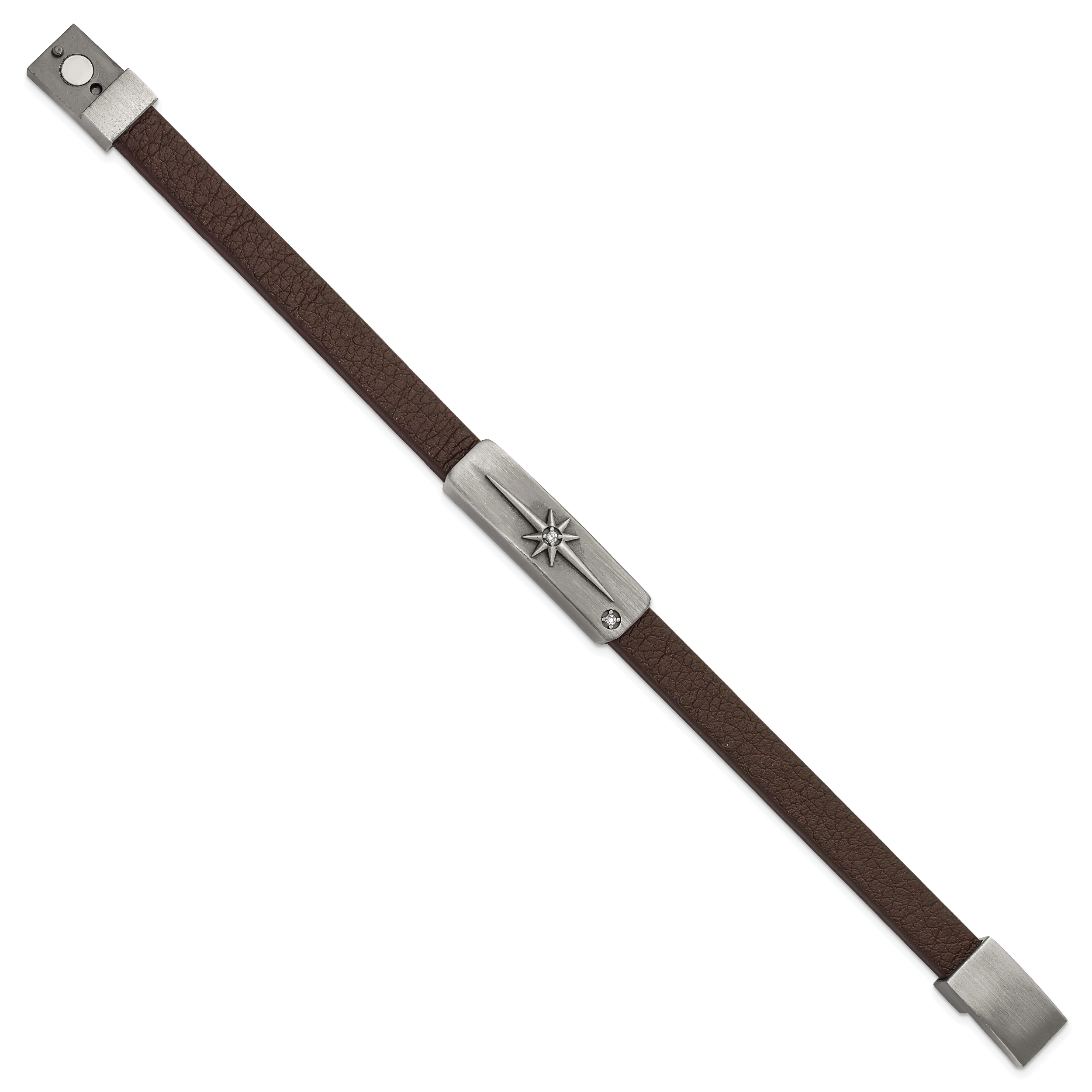 Stainless Steel Antiqued Bronze-plated with Cubic Zirconia Starburst Brown Leather Bracelet for Men Secondary image