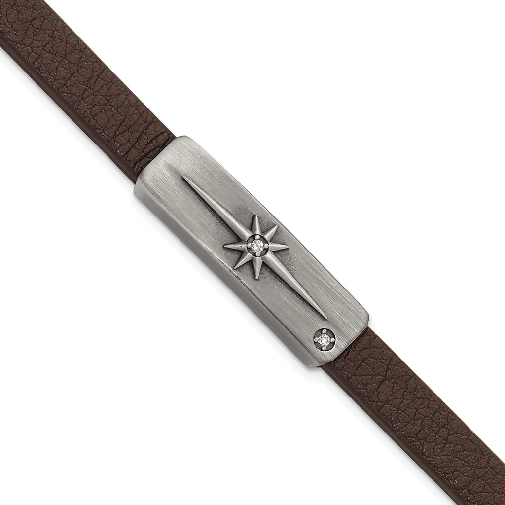 Stainless Steel Antiqued Bronze-plated with Cubic Zirconia Starburst Brown Leather Bracelet for Men