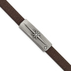Stainless Steel Antiqued Bronze-plated with Cubic Zirconia Starburst Brown Leather Bracelet for Men