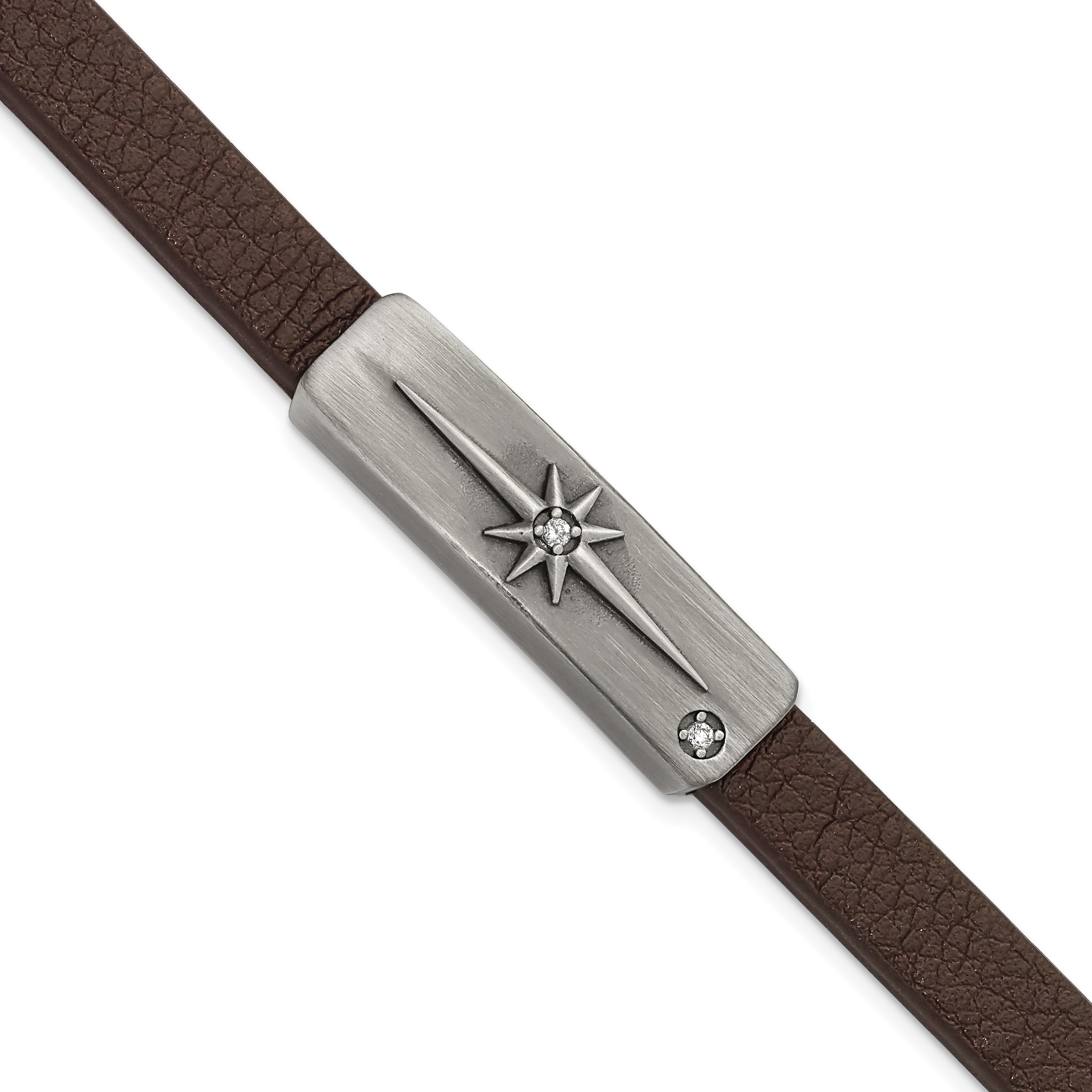 Chisel Stainless Steel Antiqued Bronze-plated with CZ Starburst Brown Leather 8 inch Bracelet Main image