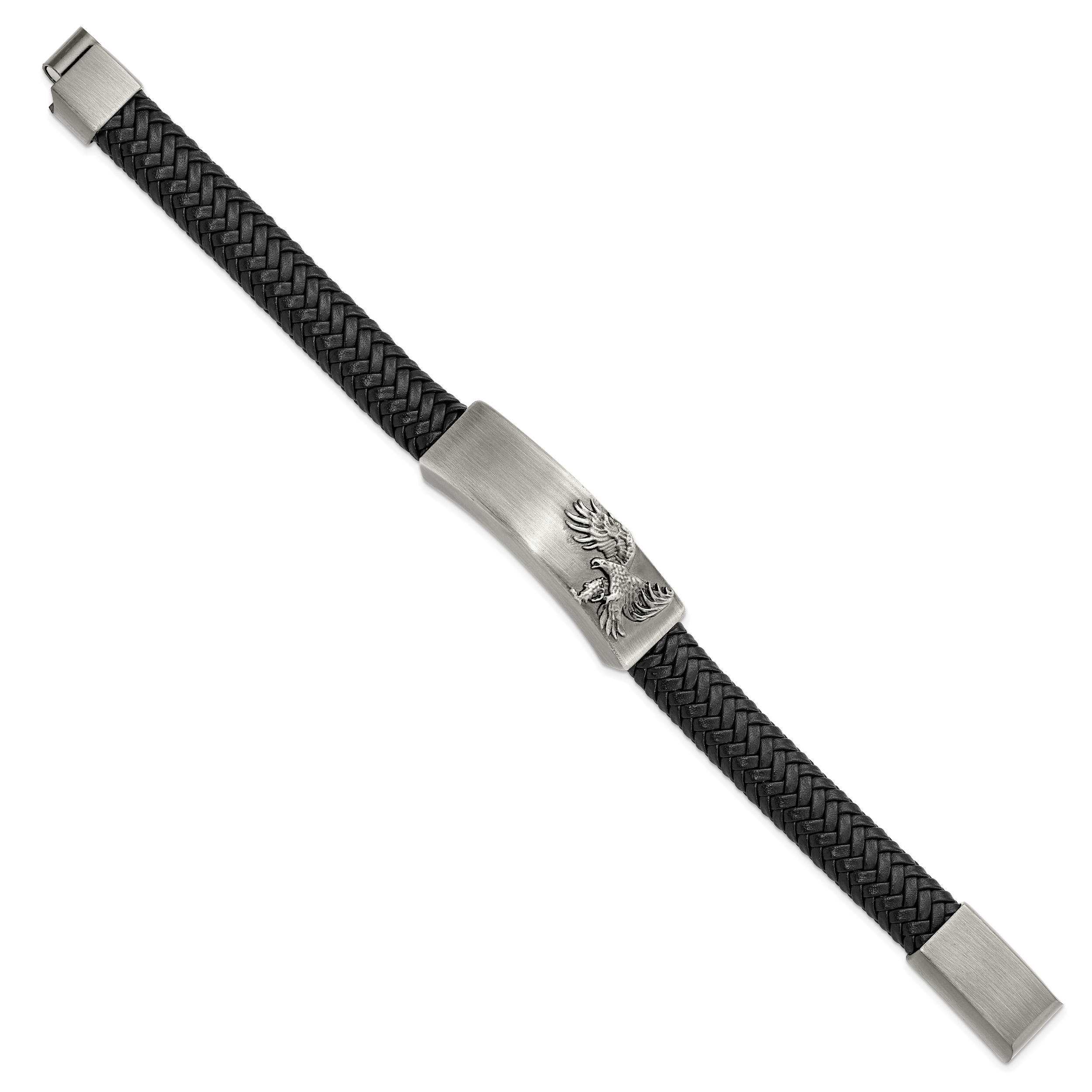 Stainless Steel Antiqued and Brushed Eagle Braided Black Leather ID Bracelet for Men Secondary image