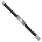 Stainless Steel Antiqued and Brushed Eagle Braided Black Leather ID Bracelet for Men