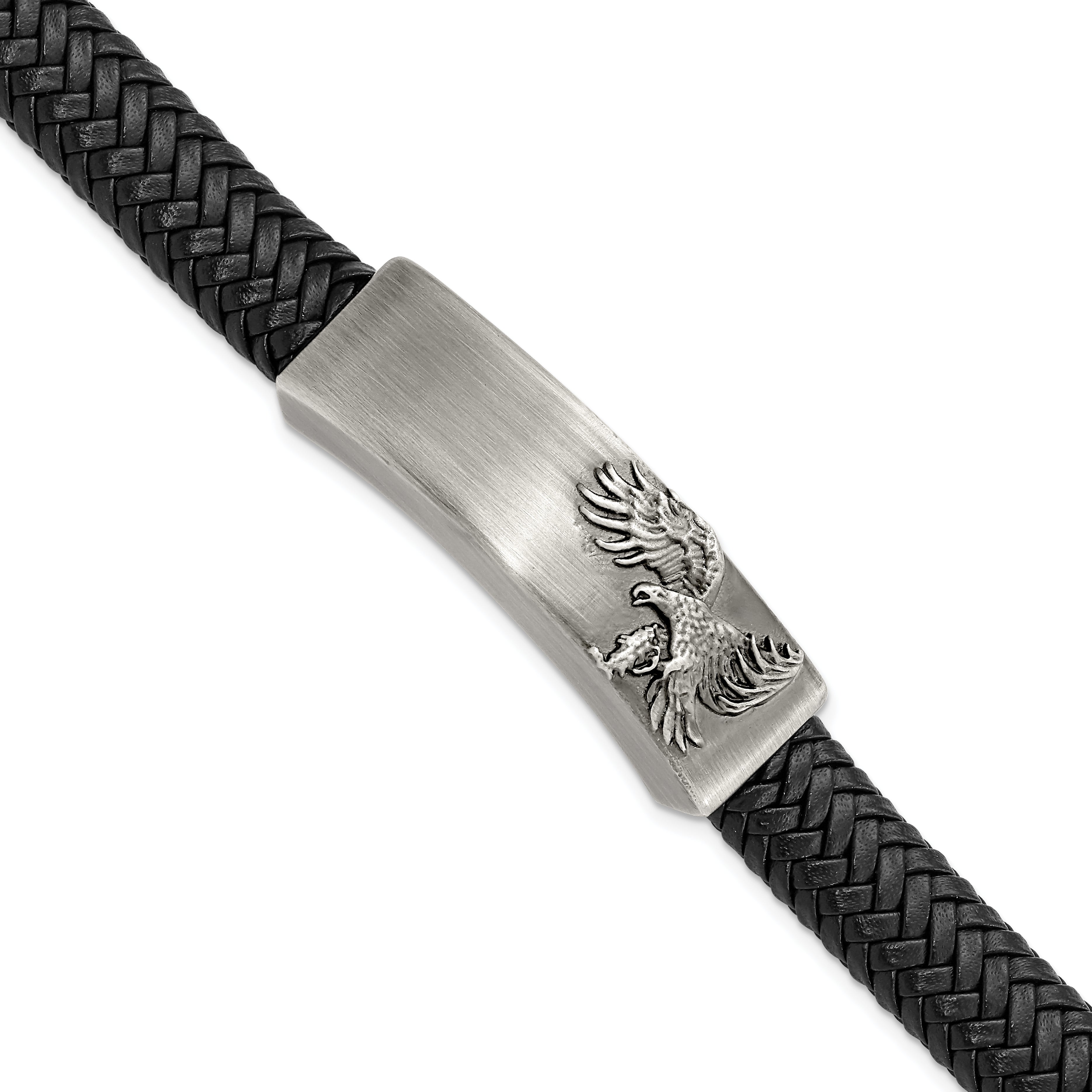 Chisel Stainless Steel Antiqued and Brushed Eagle Braided Black Leather 8.5 inch ID Bracelet Main image
