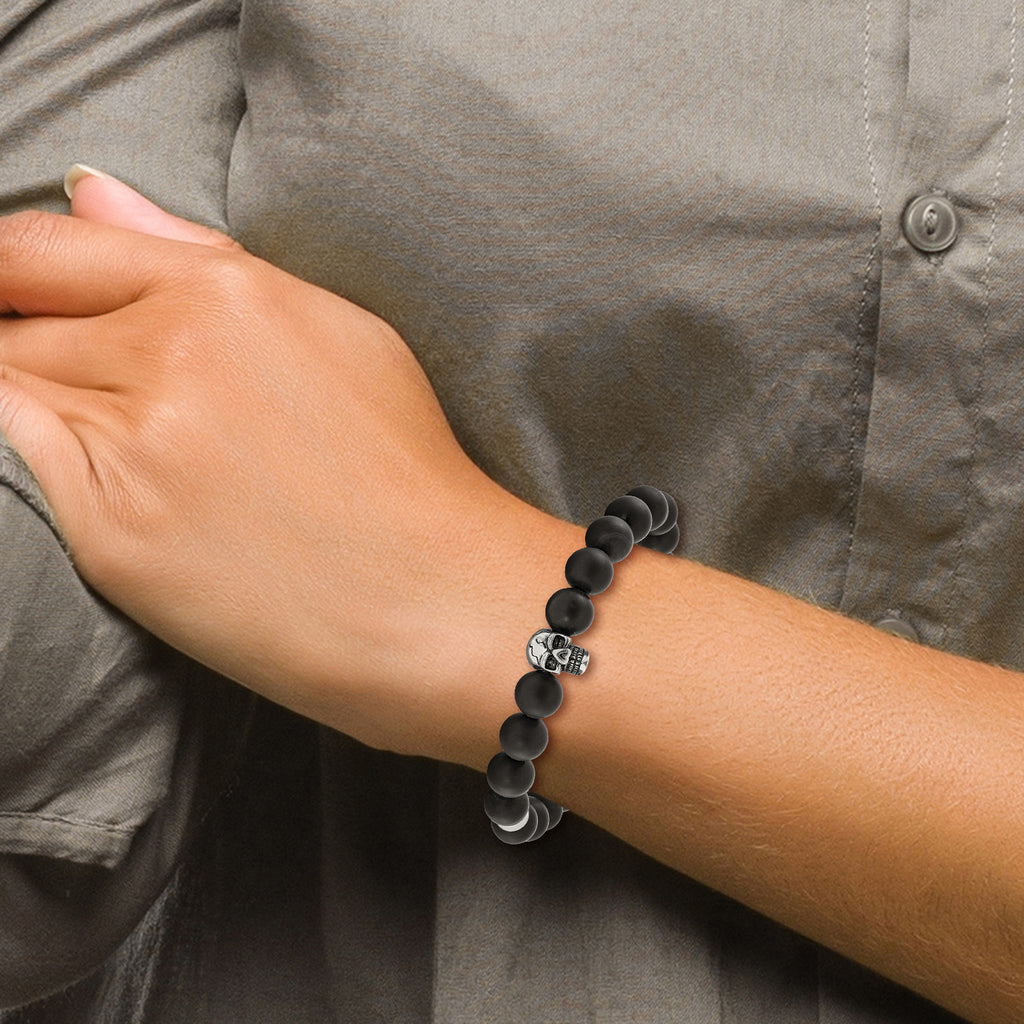 Stainless Steel Antiqued and Polished Black Agate Beaded with Skulls Stretch Bracelet for Men