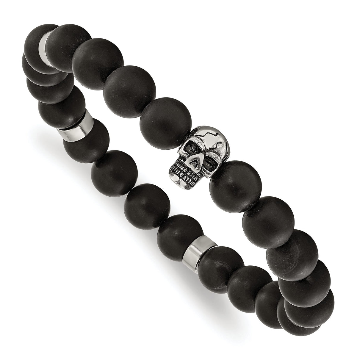 Black Agate & Skull Beaded Stretch Bracelet in Stainless Steel, 10mm - Sophia Jewelers