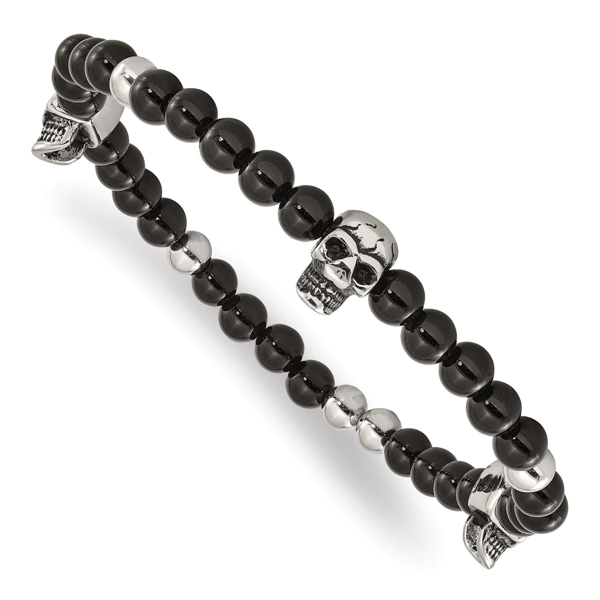 Black Agate & Skull Beaded Stretch Bracelet in Stainless Steel, 6mm - Sophia Jewelers