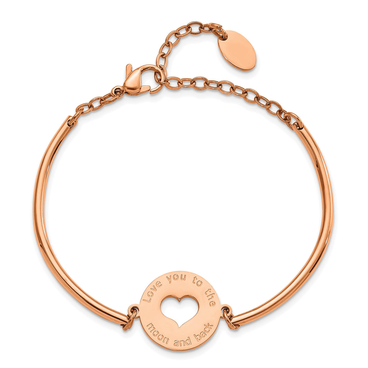 Chisel Stainless Steel Polished Rose IP-plated with Cut out Love You TO The Moon And Back Heart Bangle Bracelet with Extension for Women - Sophia Jewelers