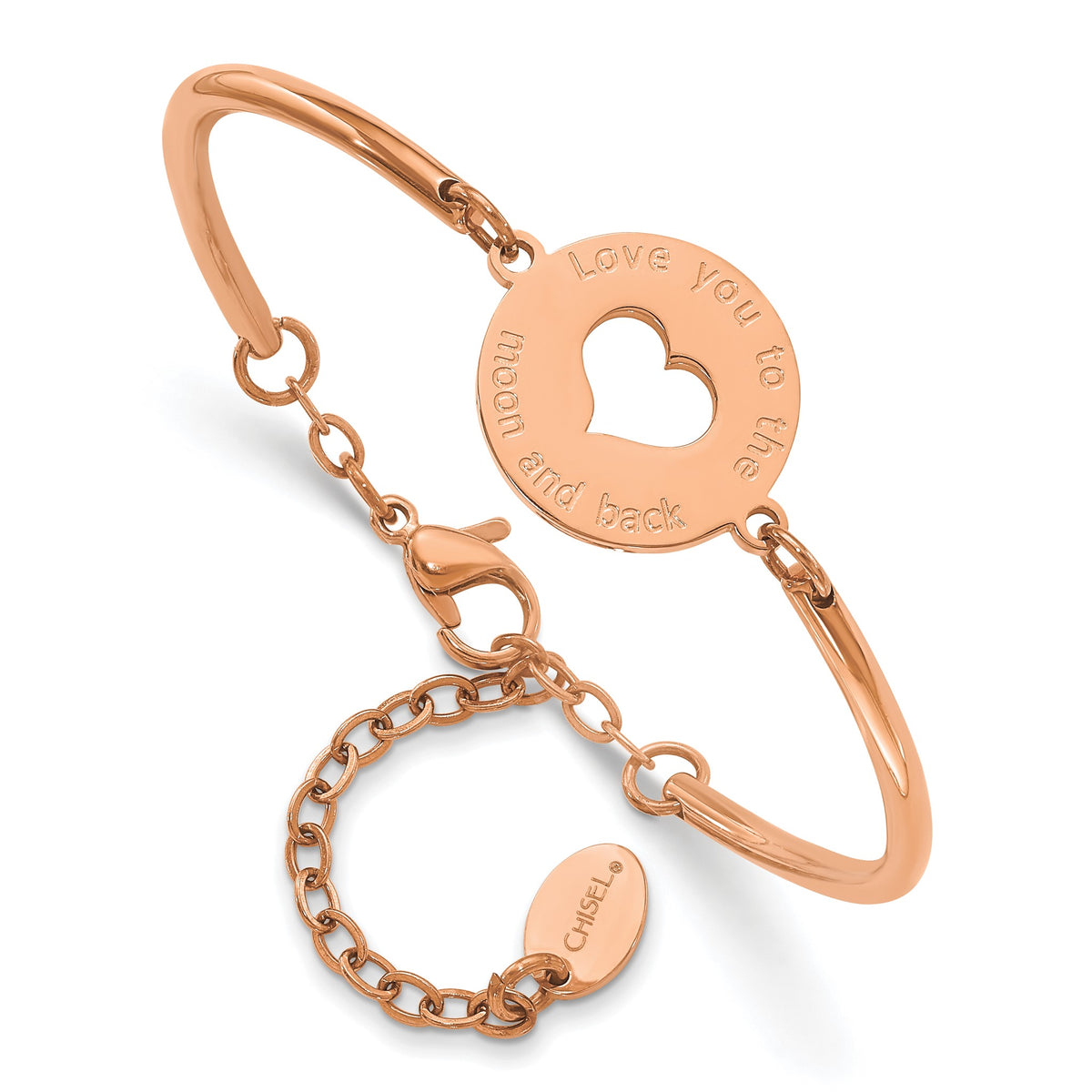 Chisel Stainless Steel Polished Rose IP-plated with Cut out Love You TO The Moon And Back Heart Bangle Bracelet with Extension for Women - Sophia Jewelers