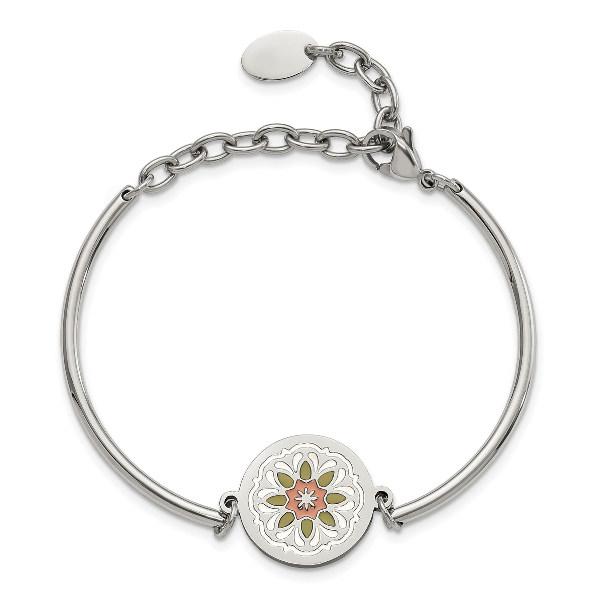Stainless Steel Polished Enameled Flower Bangle Bracelet with Extension for Women - Sophia Jewelers