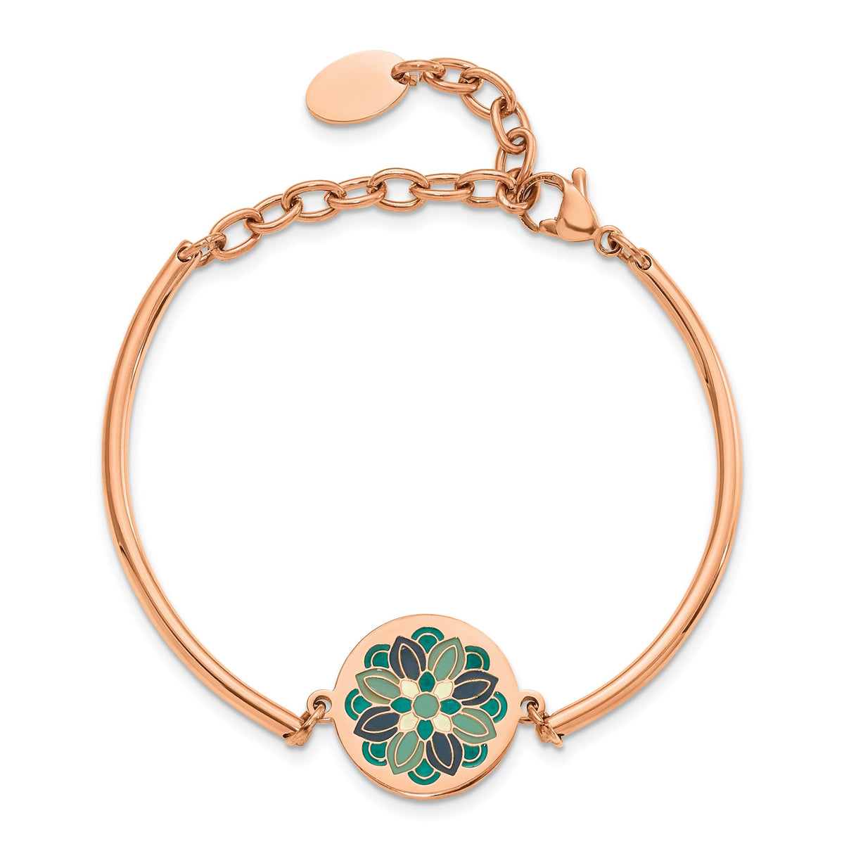 Stainless Steel Polished Rose IP-plated with Enamel Flower Bangle Bracelet with Extension for Women - Sophia Jewelers