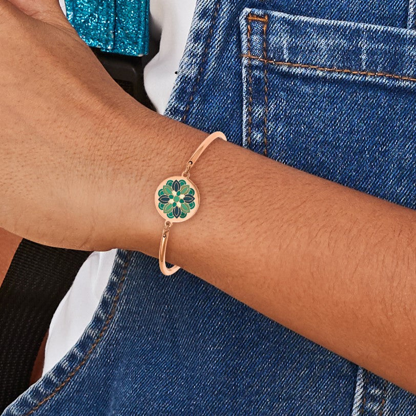 Stainless Steel Polished Rose IP-plated with Enamel Flower Bangle Bracelet with Extension for Women - Sophia Jewelers
