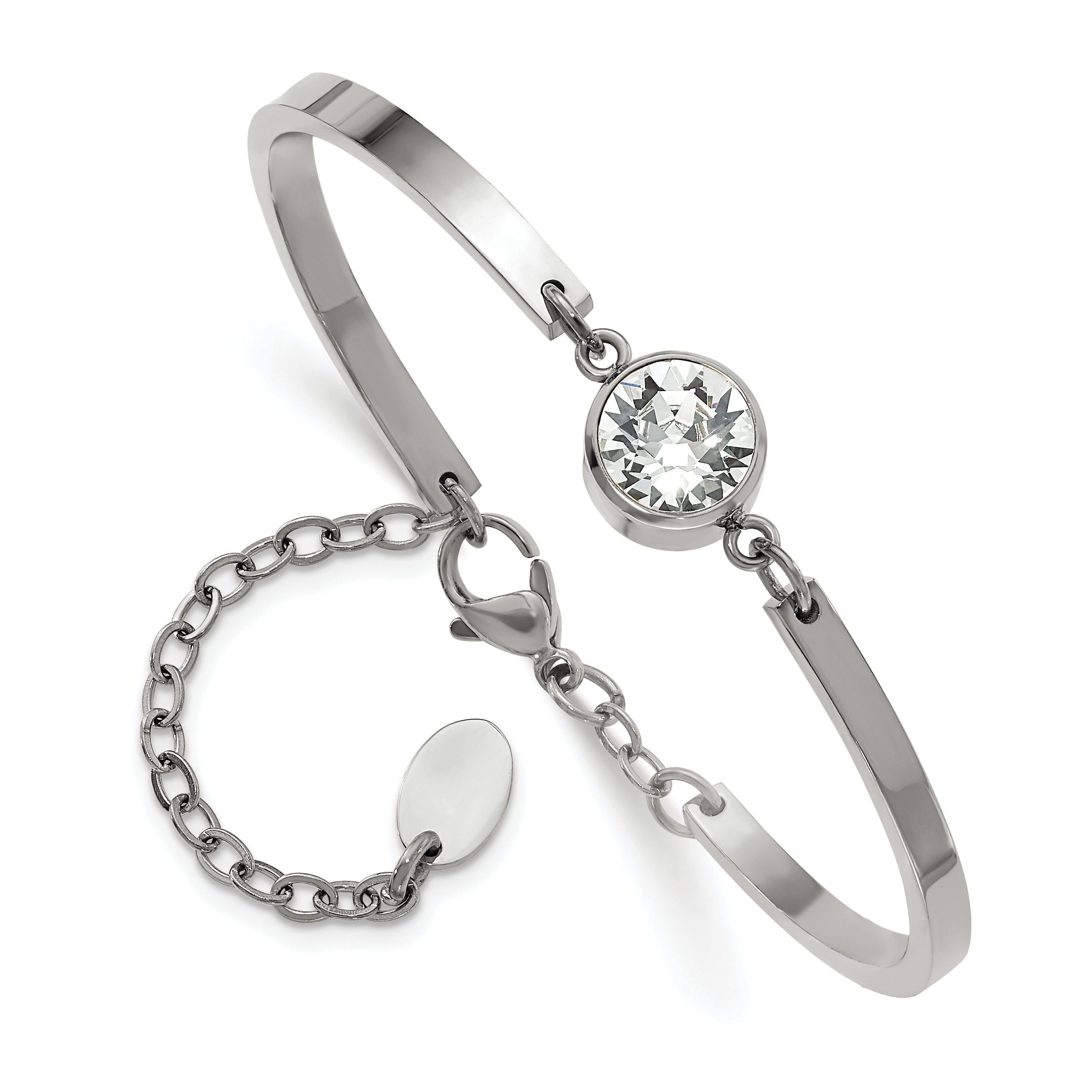 Chisel Stainless Steel Polished with Crystal 6.5 inch Bangle Bracelet with 2 inch Extension