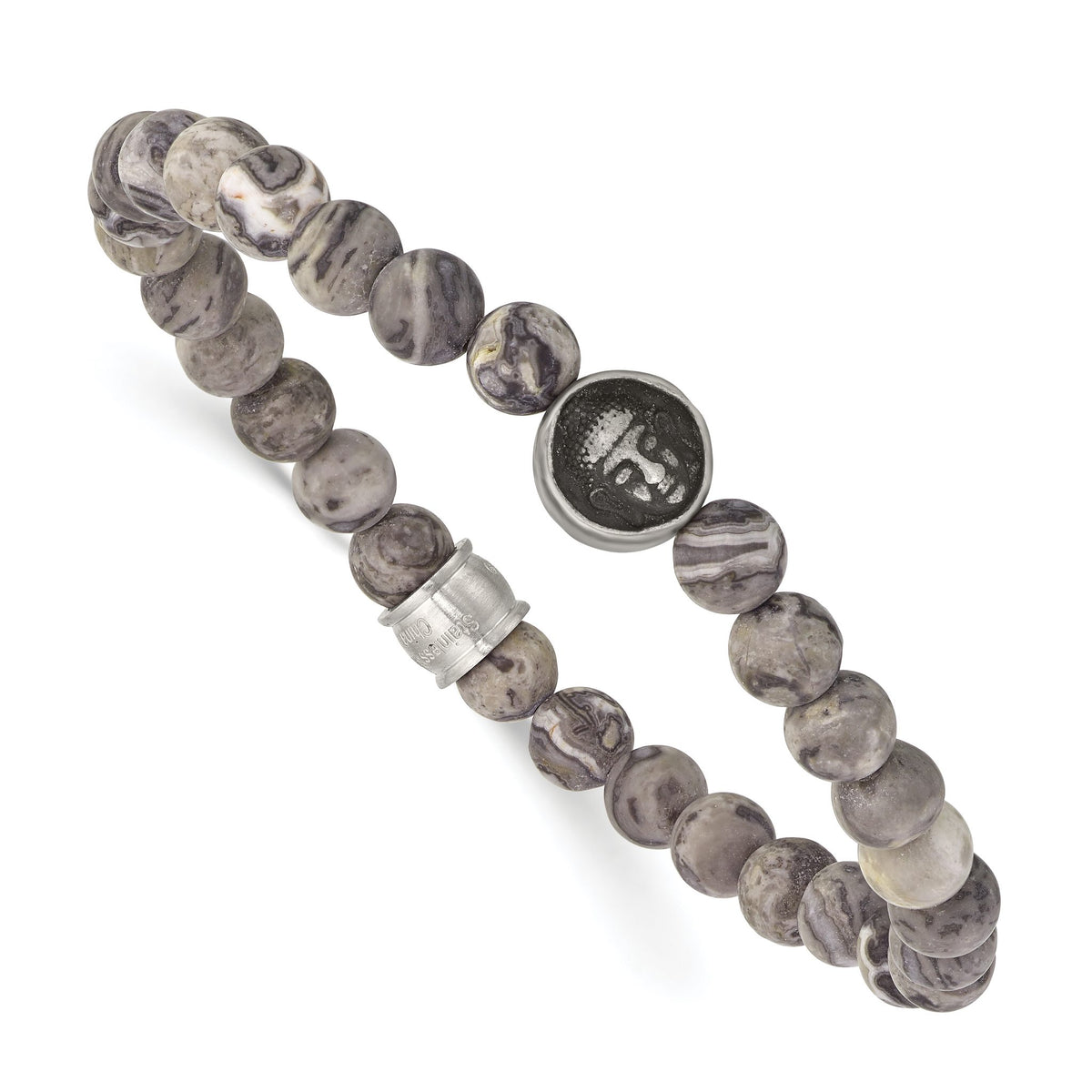 Buddha Grey Map Stone Beaded Stretch Bracelet in Stainless Steel, 6mm - Sophia Jewelers