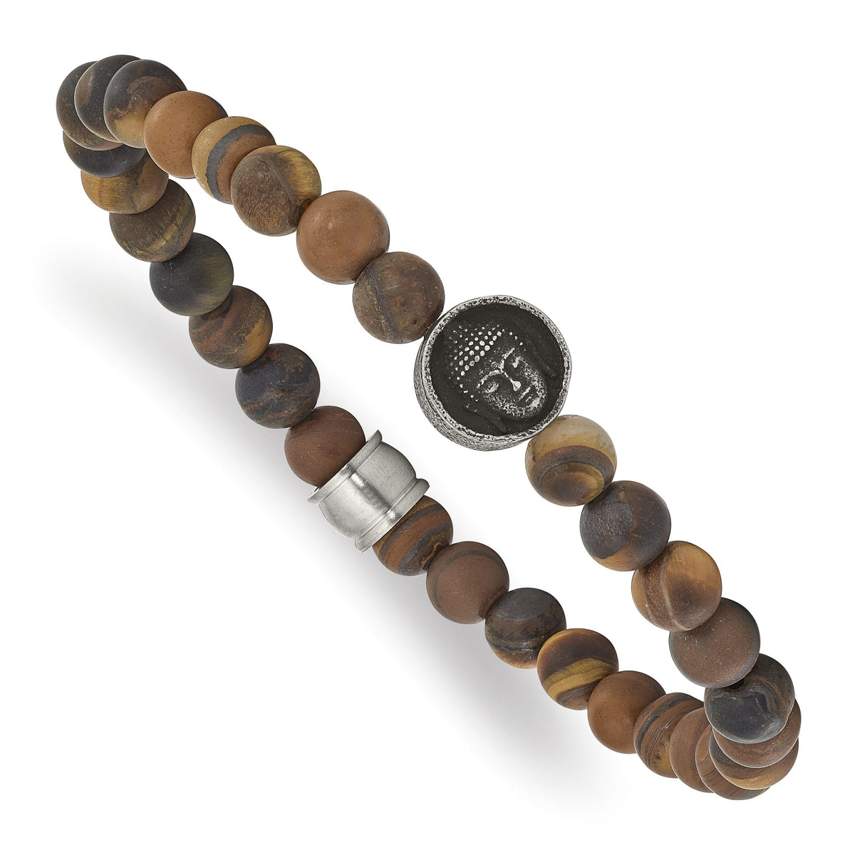 Buddha Tiger's Eye Beaded Stretch Bracelet in Stainless Steel, 6.5mm - Sophia Jewelers