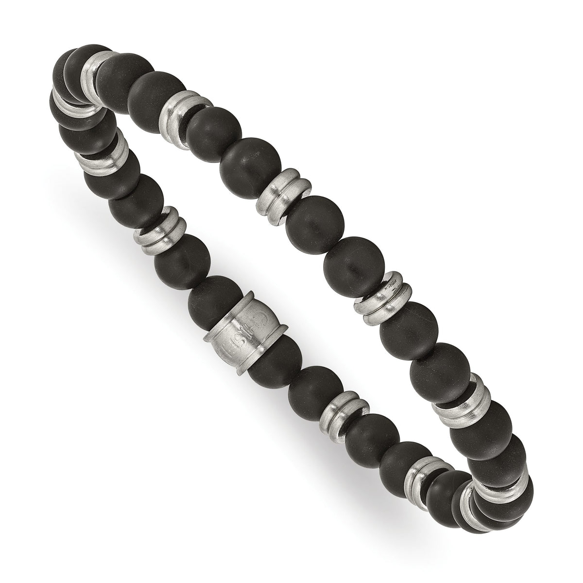 Black Agate Beaded Stretch Bracelet in Stainless Steel, 6mm Wide - Sophia Jewelers