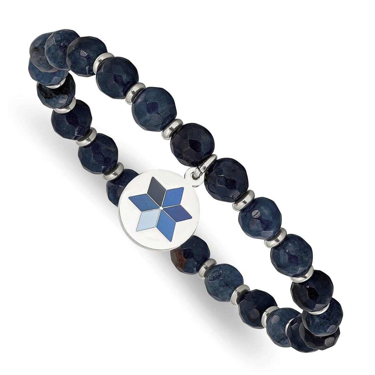 Flower Charm & Blue Jade Beaded Stretch Bracelet in Stainless Steel - Sophia Jewelers