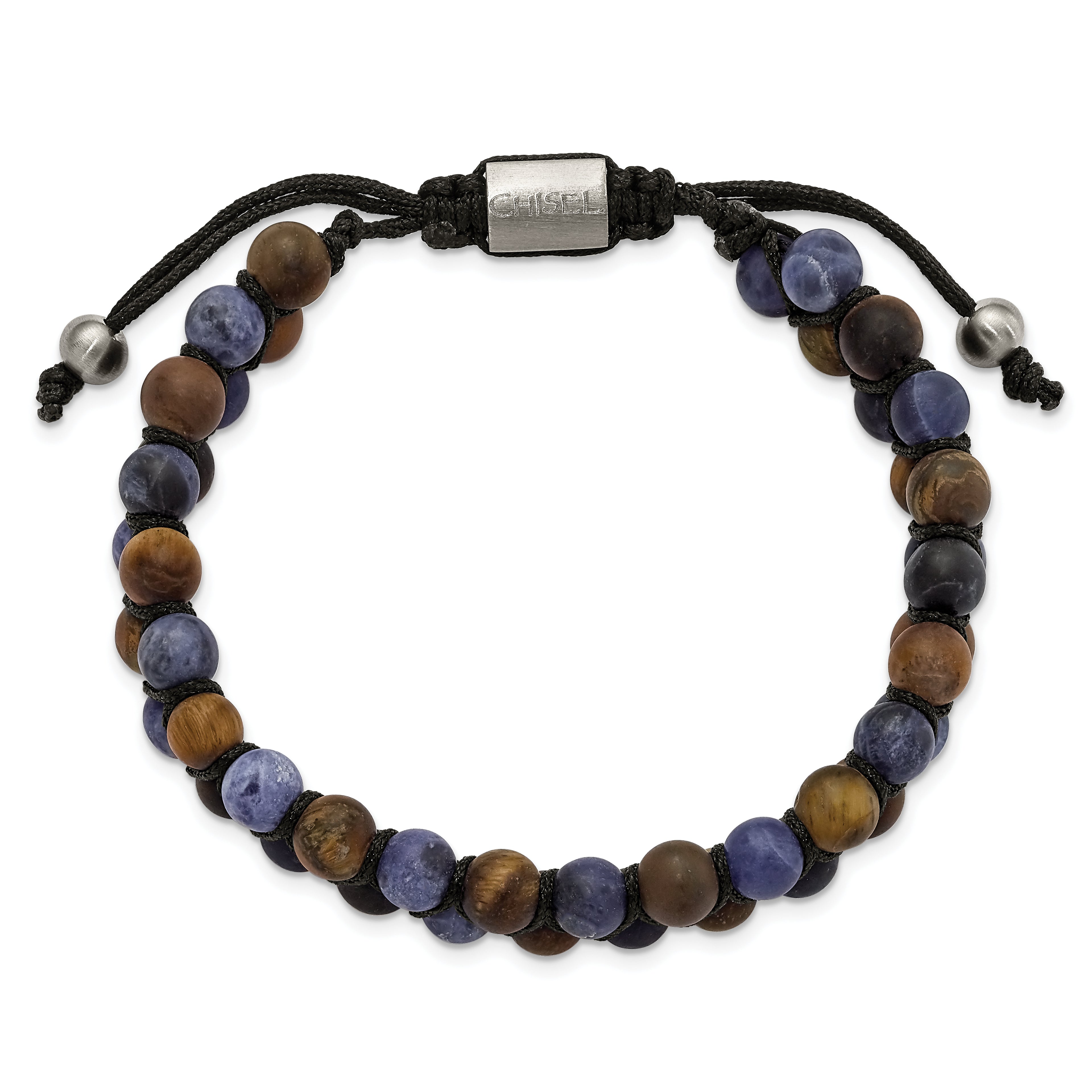 Stainless Steel Brushed Tiger's Eye and Sodalite Black Nylon Adjustable Bracelet