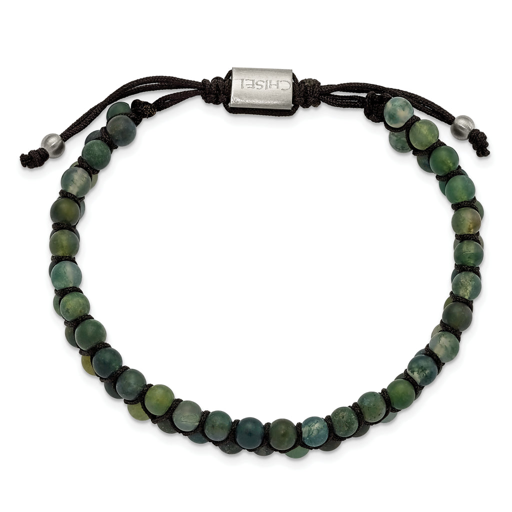 Stainless Steel Brushed Green Agate Black Nylon Adjustable Bracelet