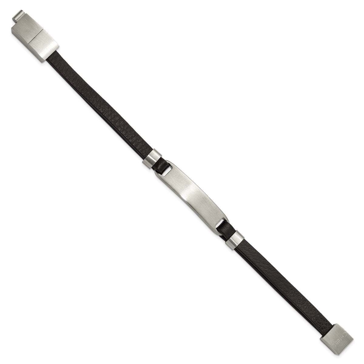 Chisel Stainless Steel Brushed Black Leather ID Bracelet with . Extension for Men - Sophia Jewelers
