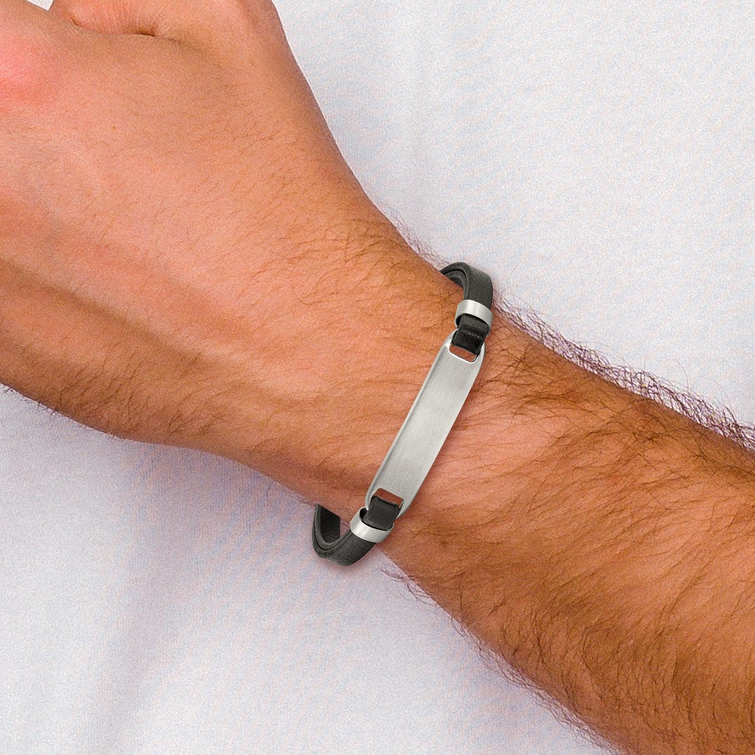 Chisel Stainless Steel Brushed Black Leather ID Bracelet with . Extension for Men - Sophia Jewelers
