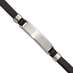 Black Leather ID Bracelet in Stainless Steel, 10mm, 8" - Sophia Jewelers