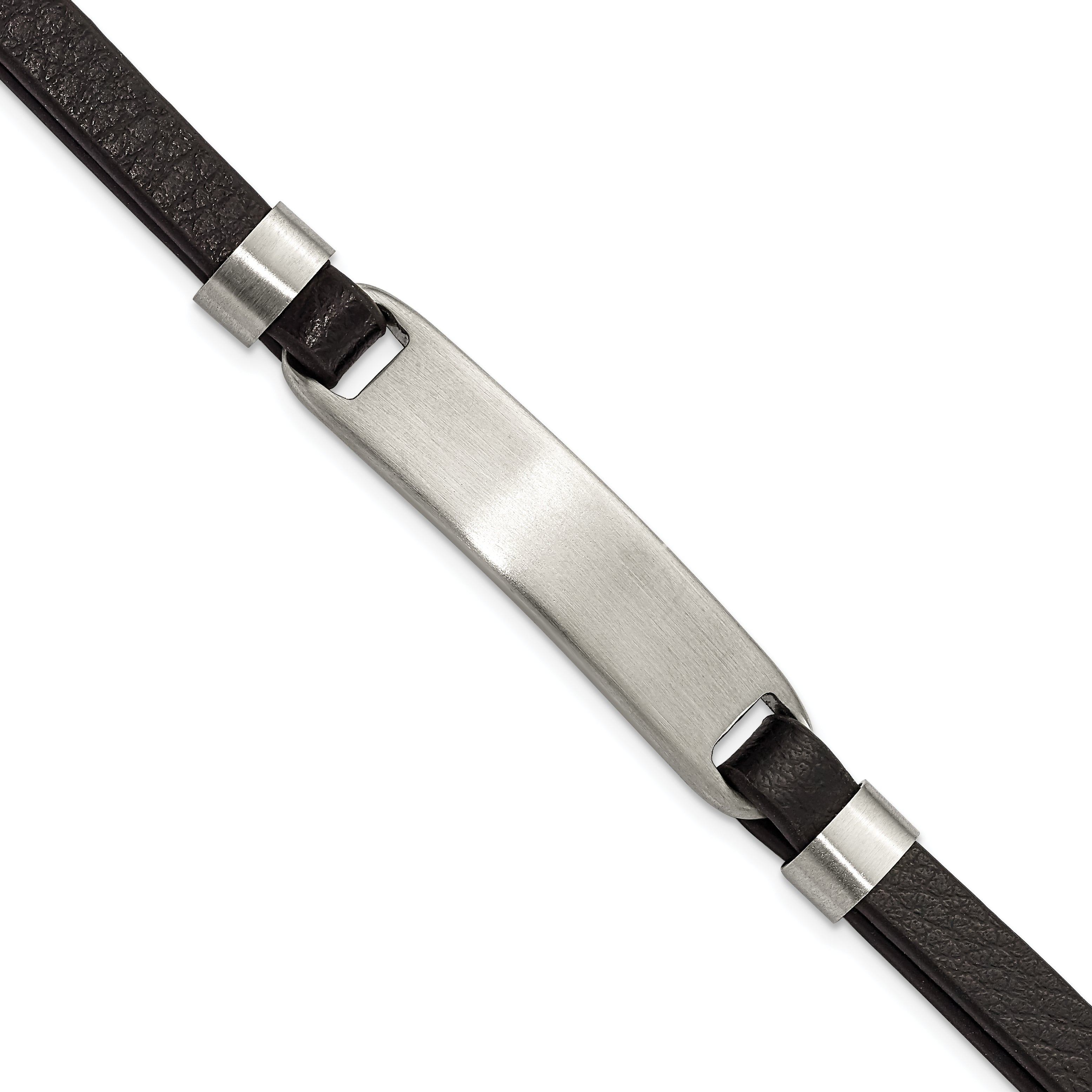 Chisel Stainless Steel Brushed Black Leather 8 inch ID Bracelet with .5 inch Extension Main image
