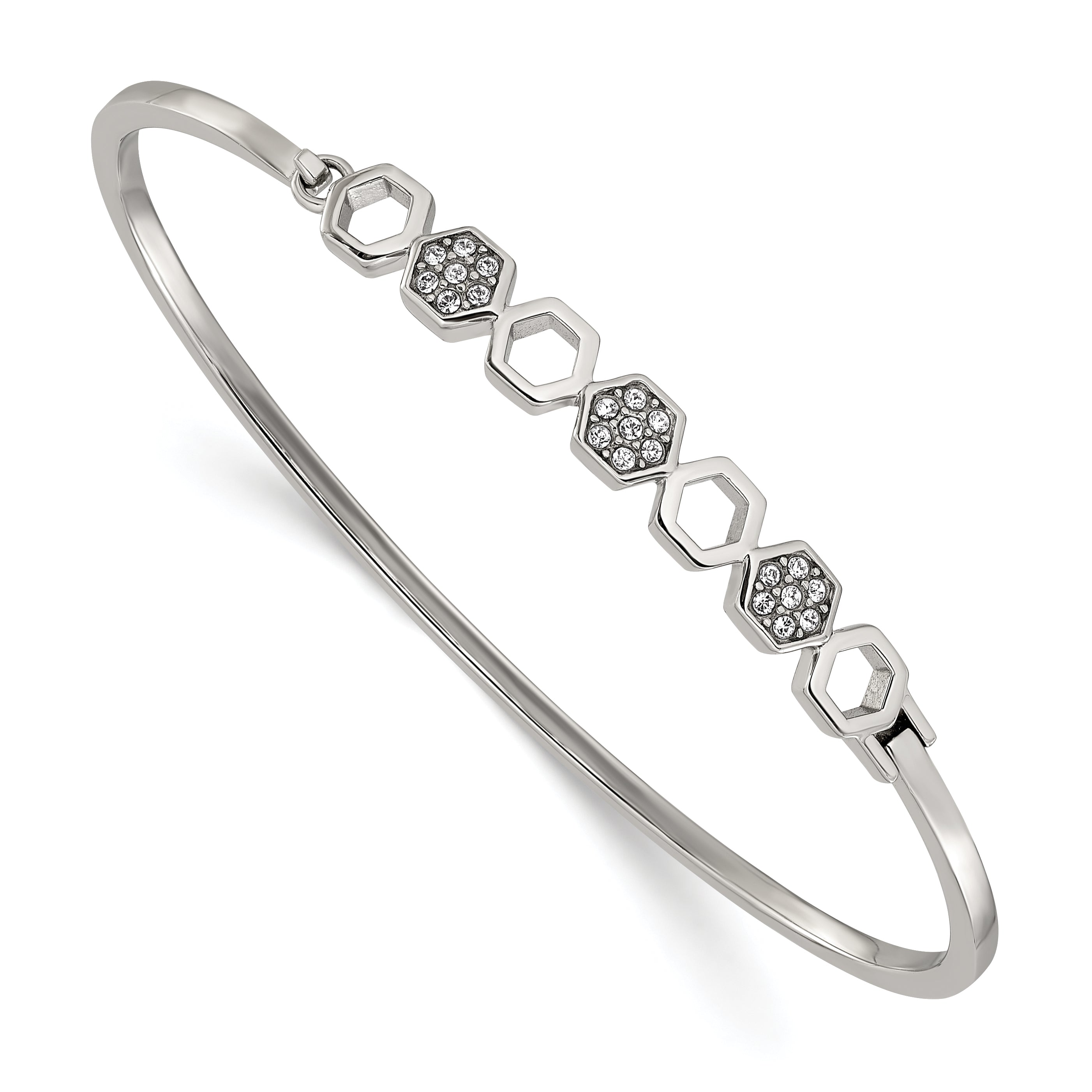 Polished Crystal Stainless Steel Bangle Bracelet 2mm 6.5in