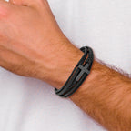 Men's Black Ion-Plated Polished Cross Stainless Steel Bracelet 7mm