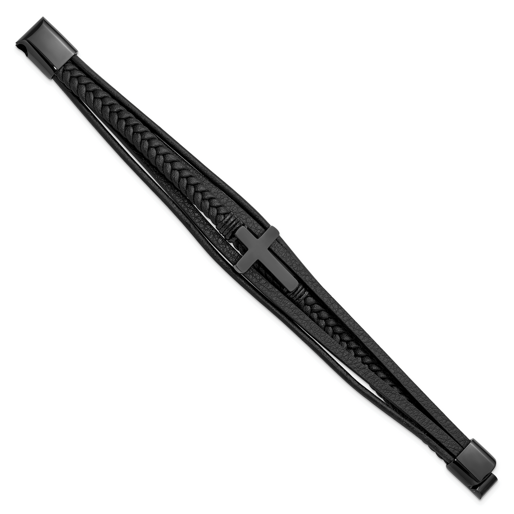 Men's Black Ion-Plated Polished Cross Stainless Steel Bracelet 7mm