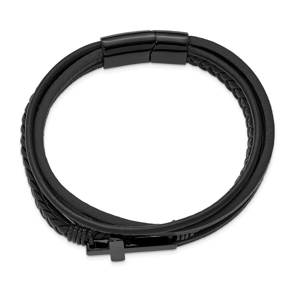 Men's Black Ion-Plated Polished Cross Stainless Steel Bracelet 7mm