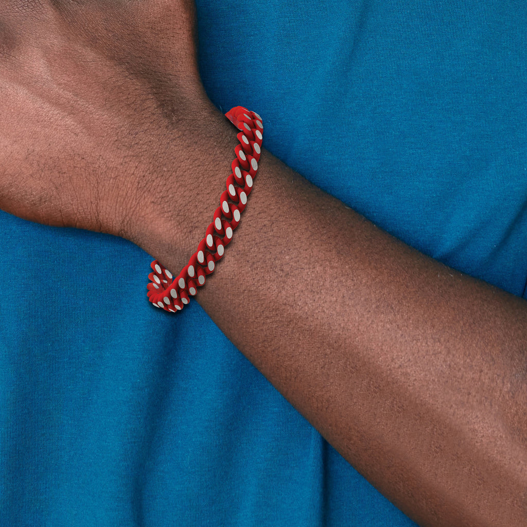 Men's Polished Rubber Red Enamel Stainless Steel Curb Chain Bracelet 9mm
