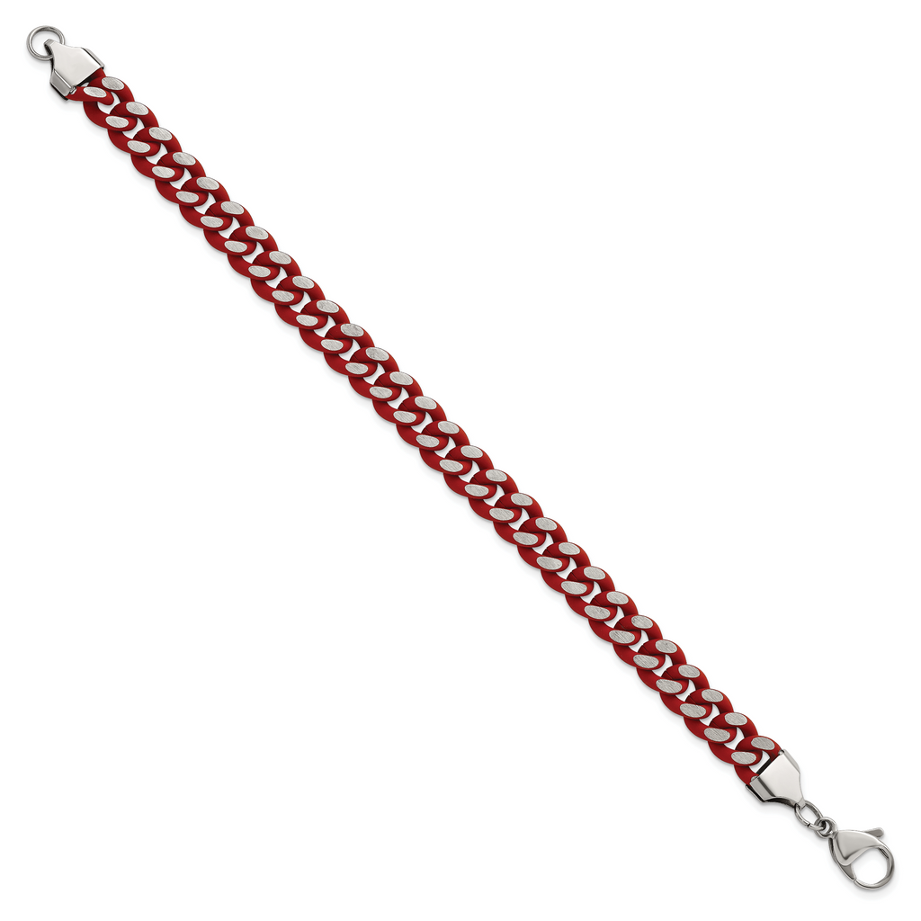 Men's Polished Rubber Red Enamel Stainless Steel Curb Chain Bracelet 9mm