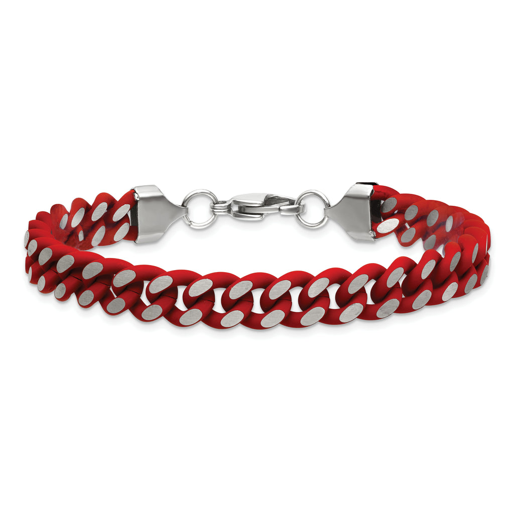 Men's Polished Rubber Red Enamel Stainless Steel Curb Chain Bracelet 9mm